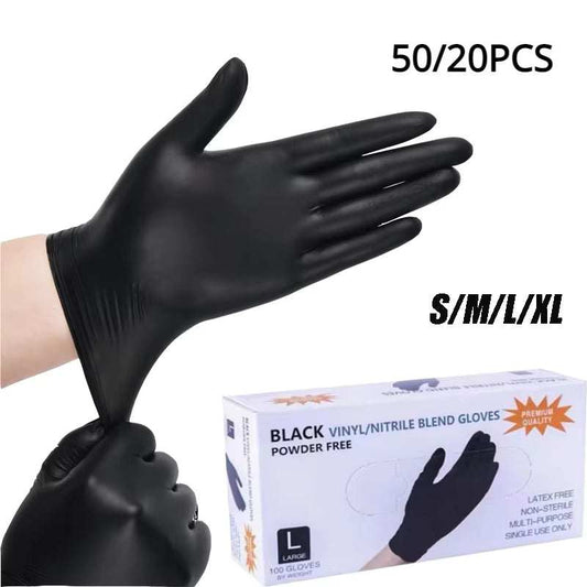 Disposable black nitrile gloves, latex-free, waterproof, touchscreen compatible, durable for kitchen and salon use