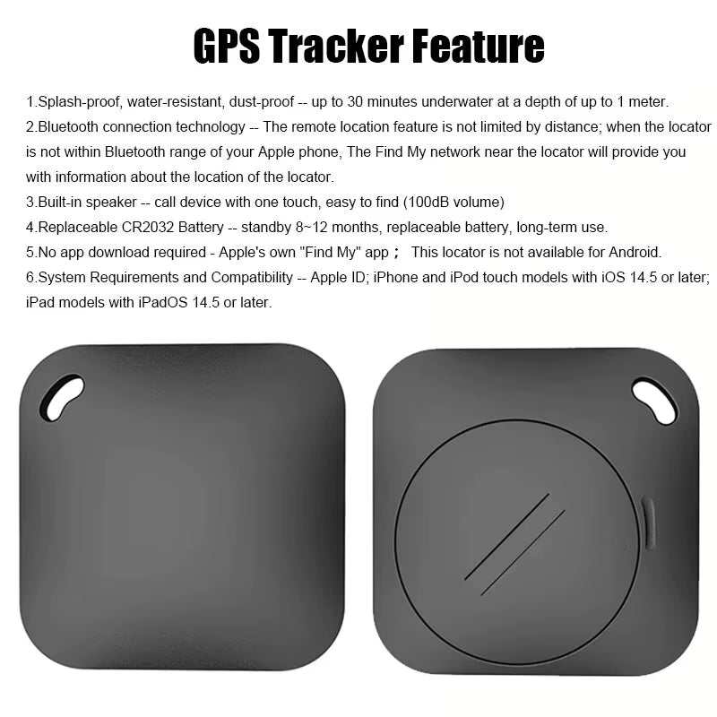 Smart Bluetooth GPS Tracker compatible with Apple Find My app, black compact anti-lost device with built-in speaker and long-range Bluetooth connectivity.