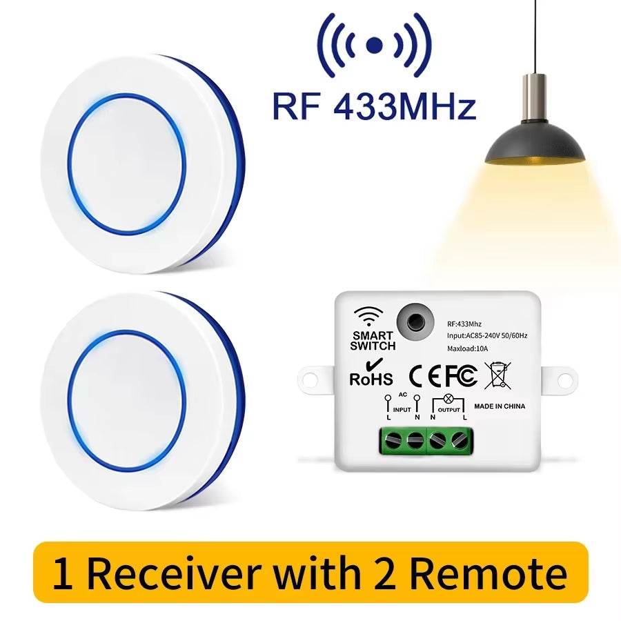 RF 433Mhz wireless remote control light switch with 10A relay and mini round button panel for LED lamps