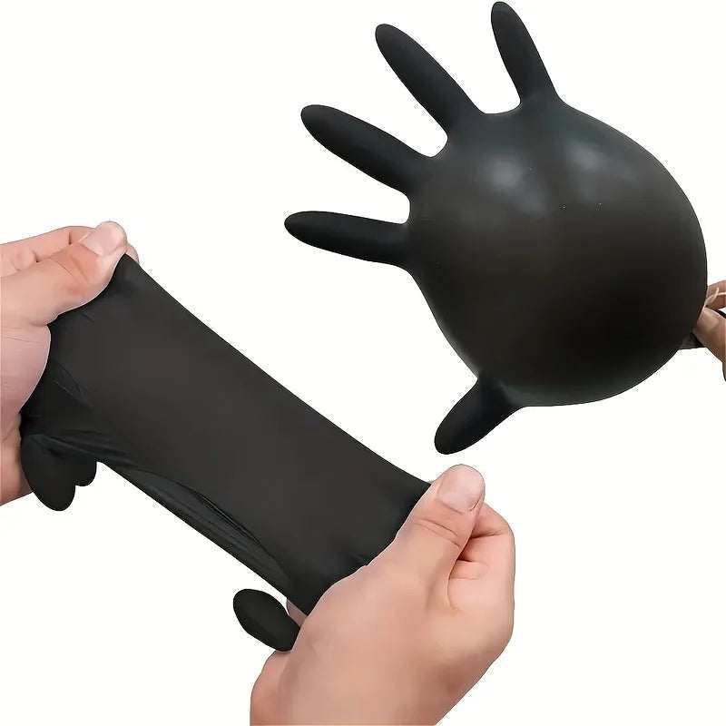 Disposable black nitrile gloves, latex-free, waterproof, durable, touchscreen compatible for kitchen and salon use
