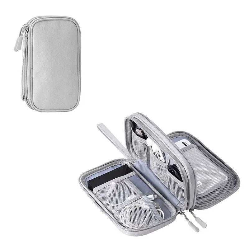 Waterproof portable data cable storage bag with double layers for travel organization