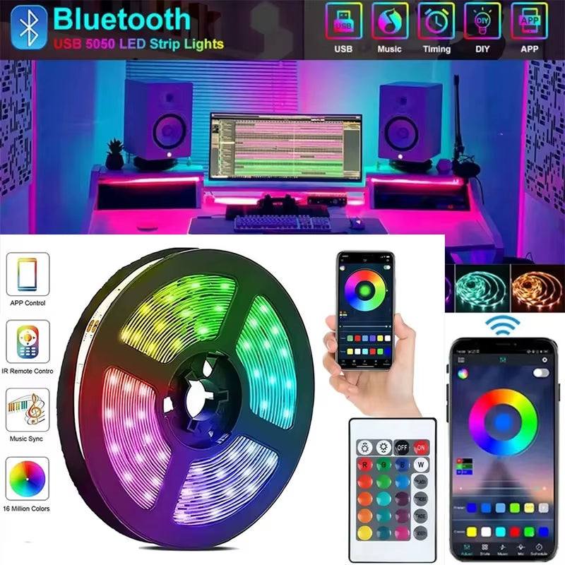 Smart LED Strip Lights 5050 RGB flexible ribbon with Bluetooth remote control and USB 5V power for room decoration