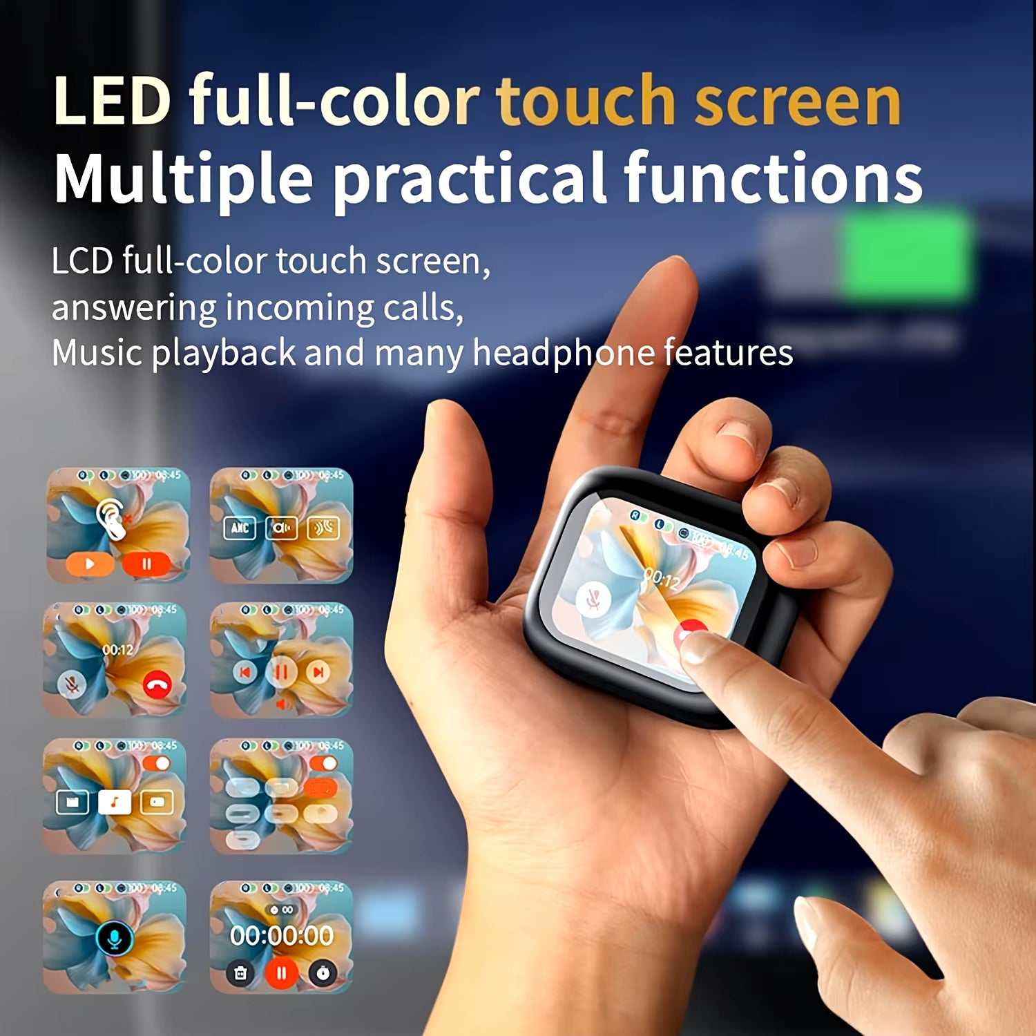 Active Noise Cancelling Earbuds with Smart Touch Screen and Charging Case for iPhone and Android