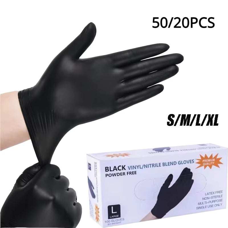 Disposable black nitrile gloves, latex-free, waterproof, touchscreen compatible, durable for kitchen and salon use
