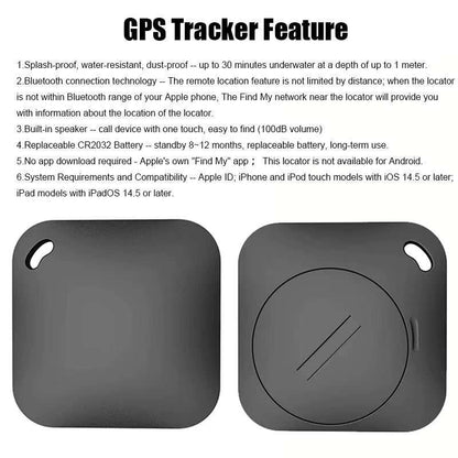 Smart Bluetooth GPS Tracker compatible with Apple Find My app, black compact anti-lost device with built-in speaker and long-range Bluetooth connectivity.