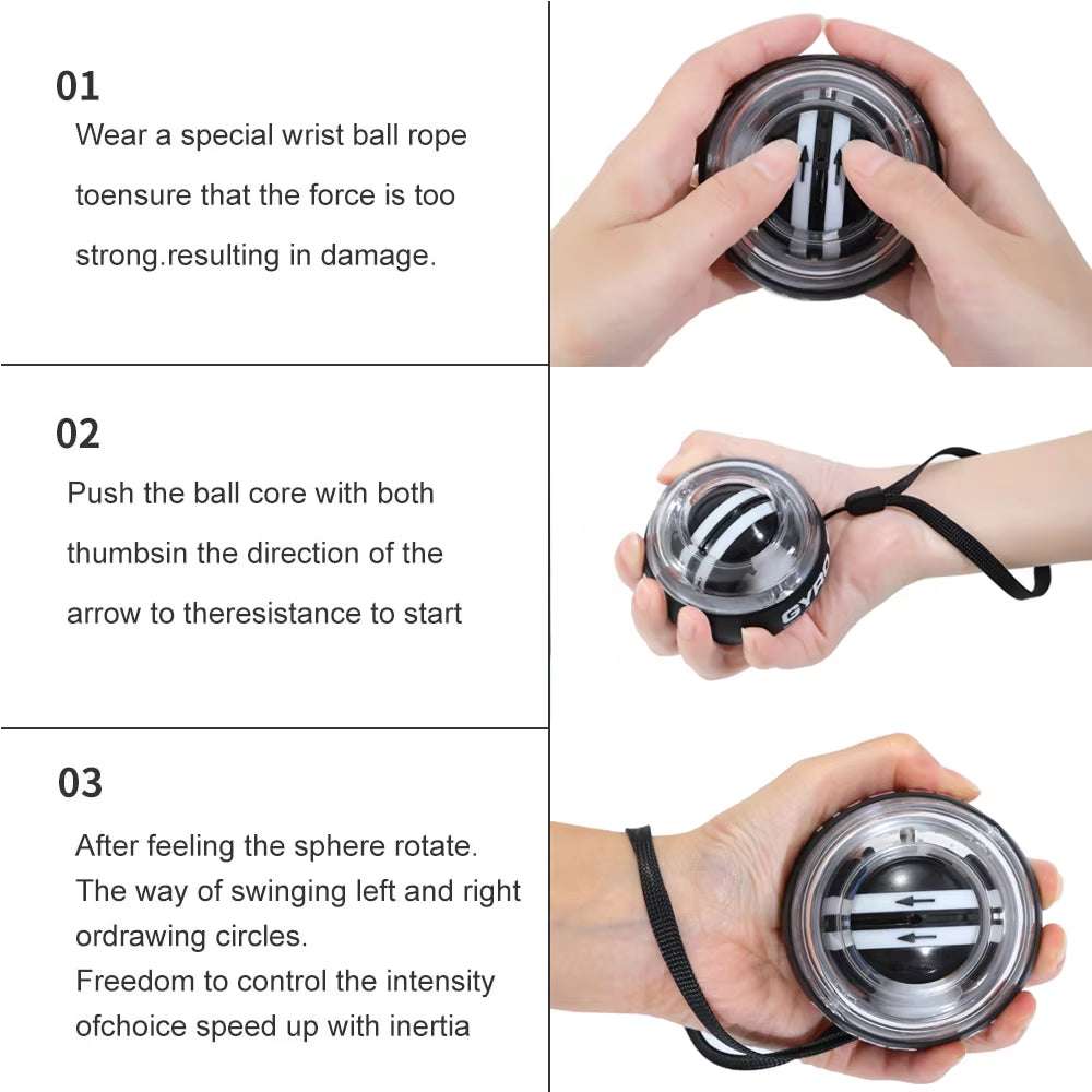 Self-starting wrist gyro ball power trainer for forearm and wrist muscle strengthening