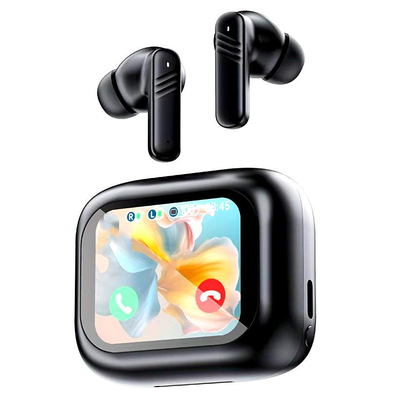Active Noise Cancelling Earbuds with Smart Touch Screen and Wireless Charging Case for iPhone and Android