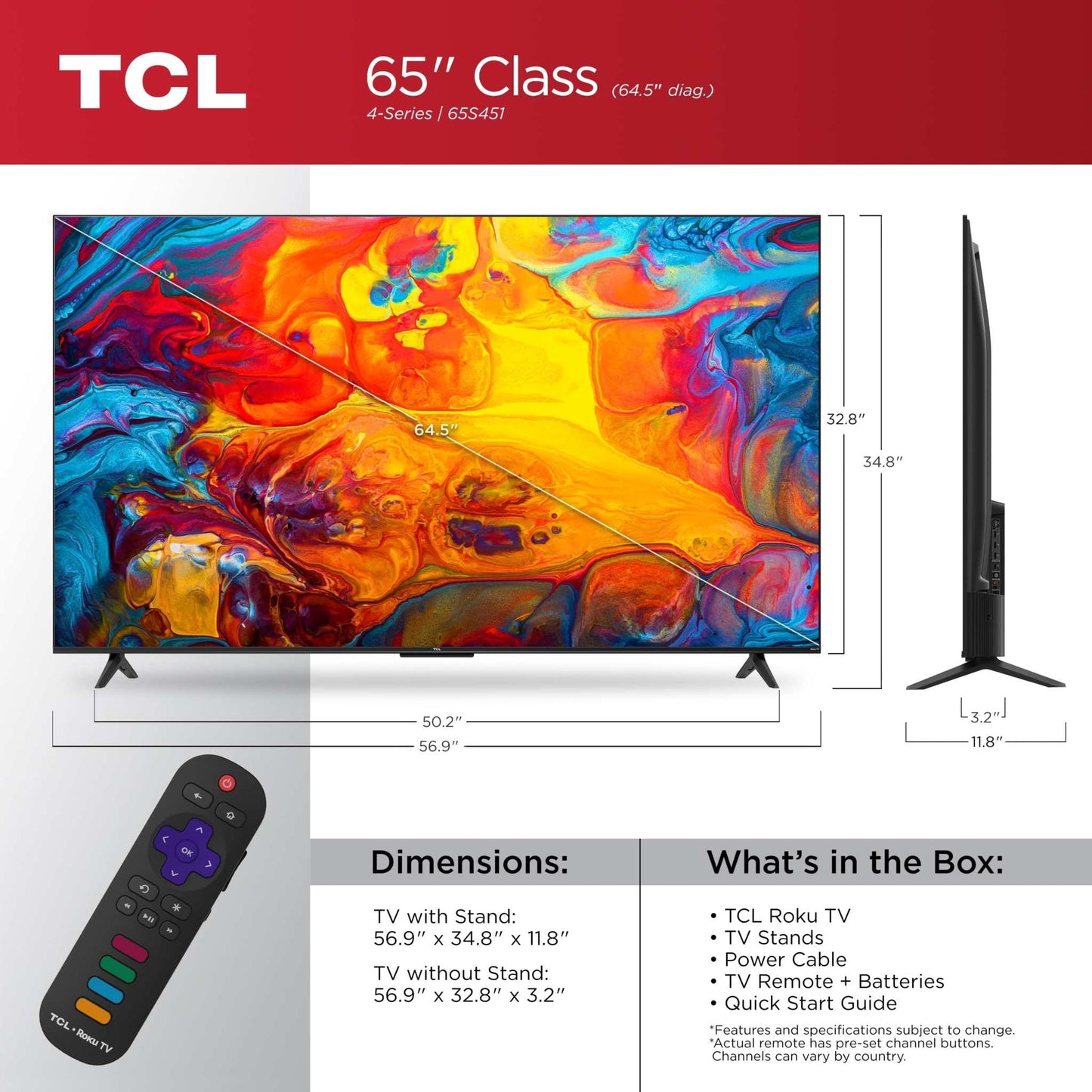 65" Class S4 TCL 4K UHD HDR Smart TV with Roku and sleek metal design