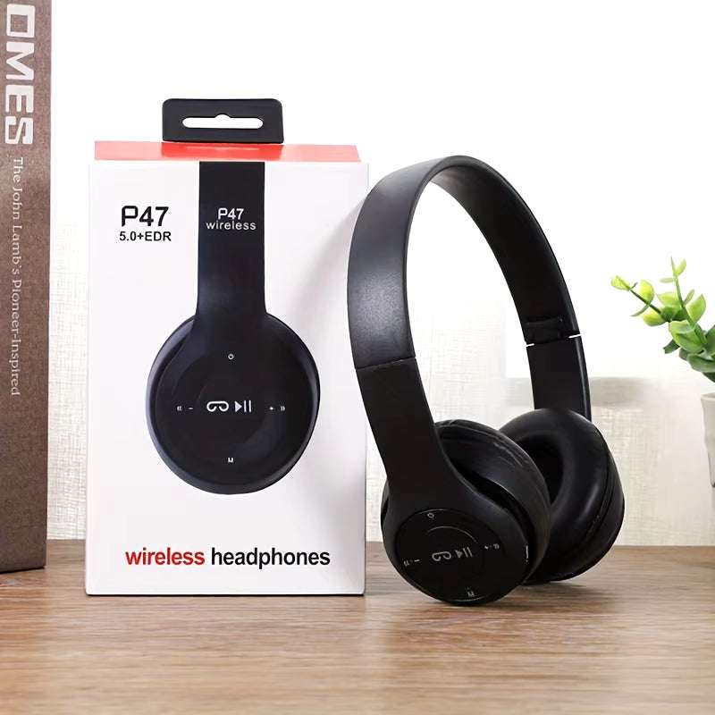 Stereo P47 Bluetooth wireless folding over-ear headset with noise cancelling and microphone for sports and gaming