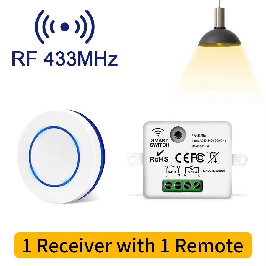 RF 433MHz wireless remote control light switch with 10A relay receiver and mini round button wall panel for LED lamp