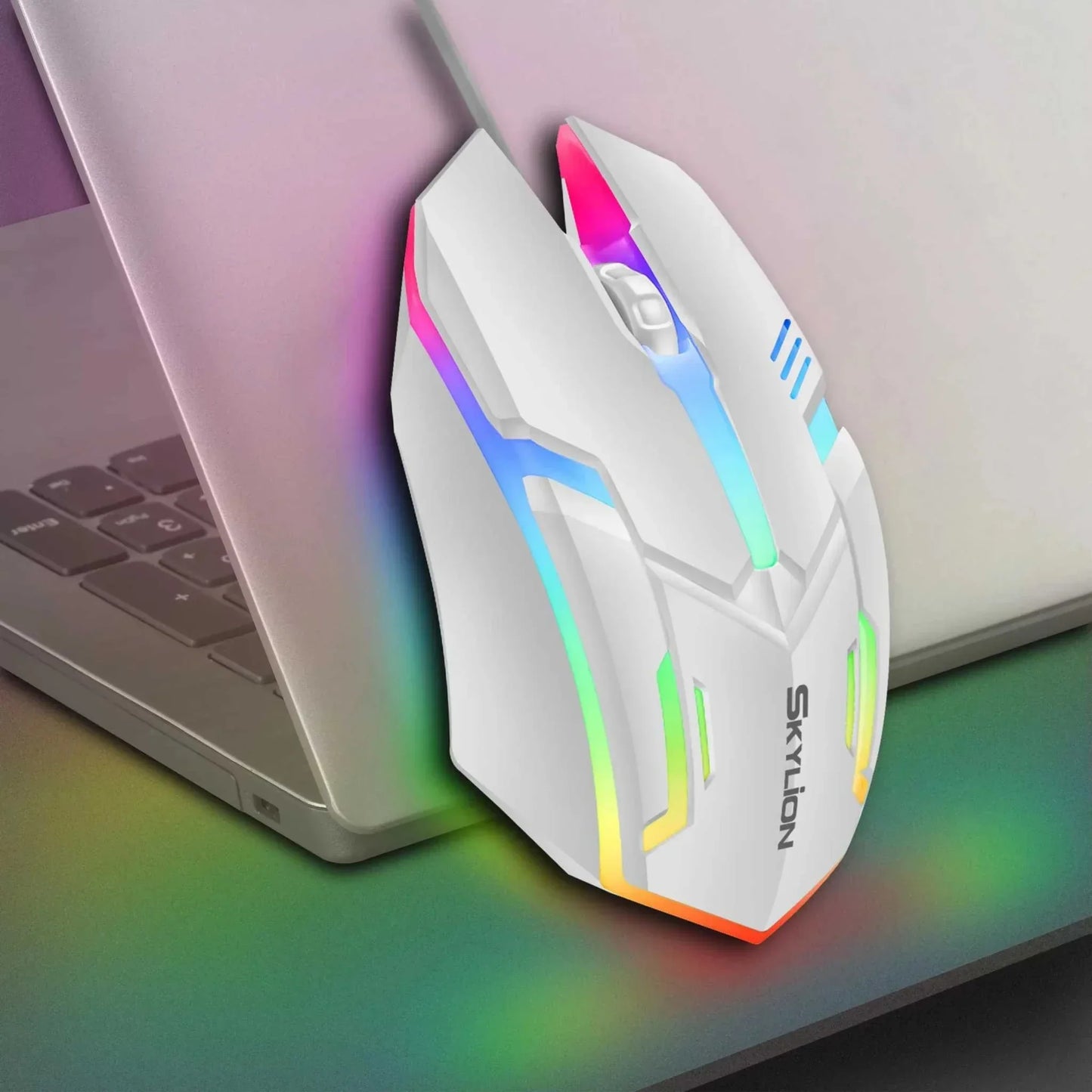F1 Wired 3 Keys Mouse with colorful lighting, ambidextrous design, and opto-electronic tracking for gaming and office use