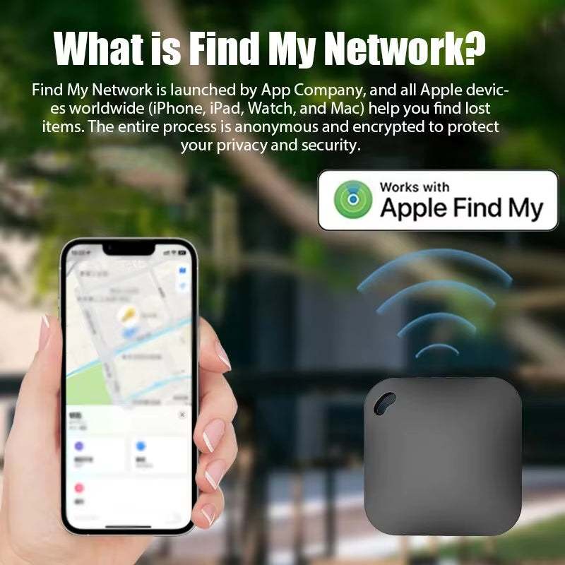 Smart Bluetooth GPS Tracker compatible with Apple Find My app, black compact anti-lost device with built-in speaker and Bluetooth 5.2 connectivity.