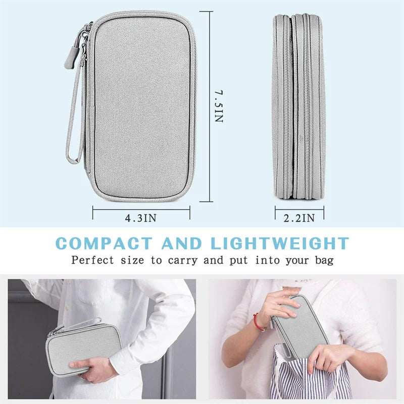 Waterproof portable data cable storage bag with double layers for travel and electronic accessories organization