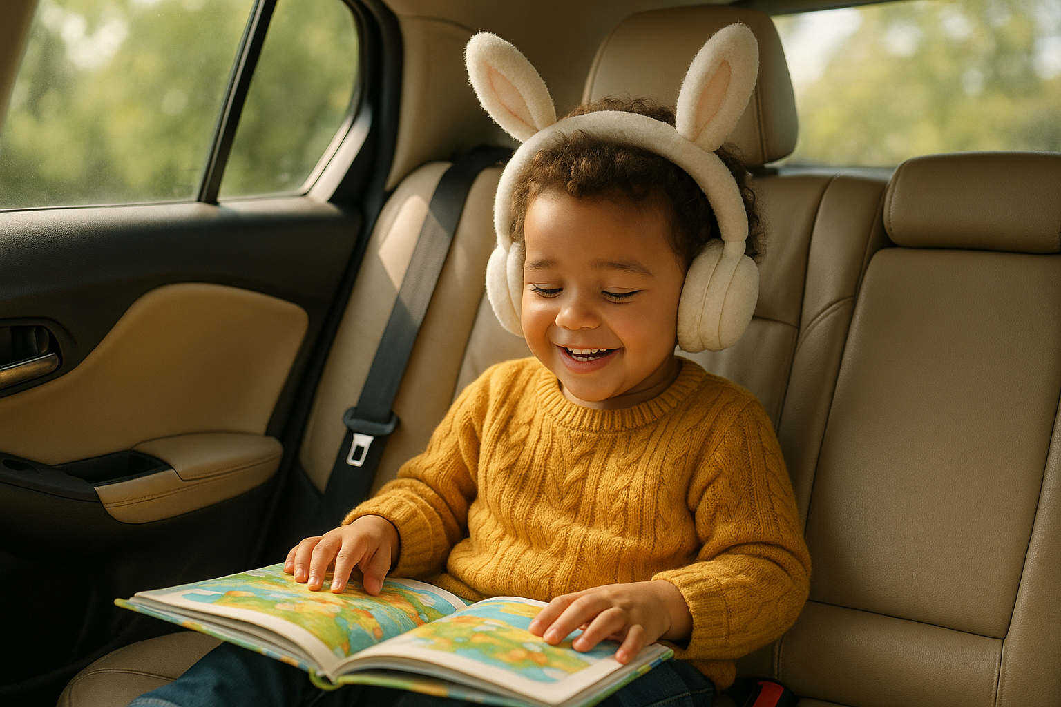 child sitting in the backseat reading a book with ear bunny headphones
