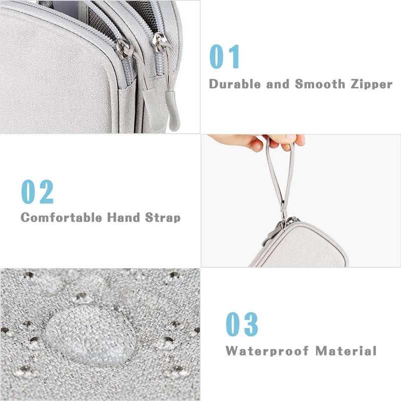 Waterproof double-layer data cable storage bag for travel organizer with multiple compartments for cords and chargers