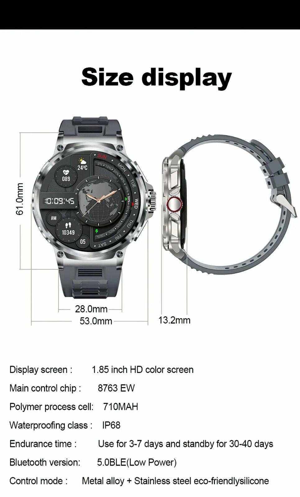 1.85-inch Ultra HD Smartwatch with GPS, Bluetooth calls, health monitoring, and waterproof design