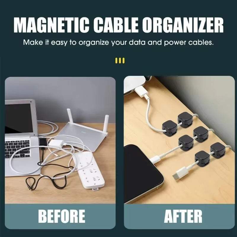 Magnetic cable clip holding multiple cables on desk edge for organized home office wire management