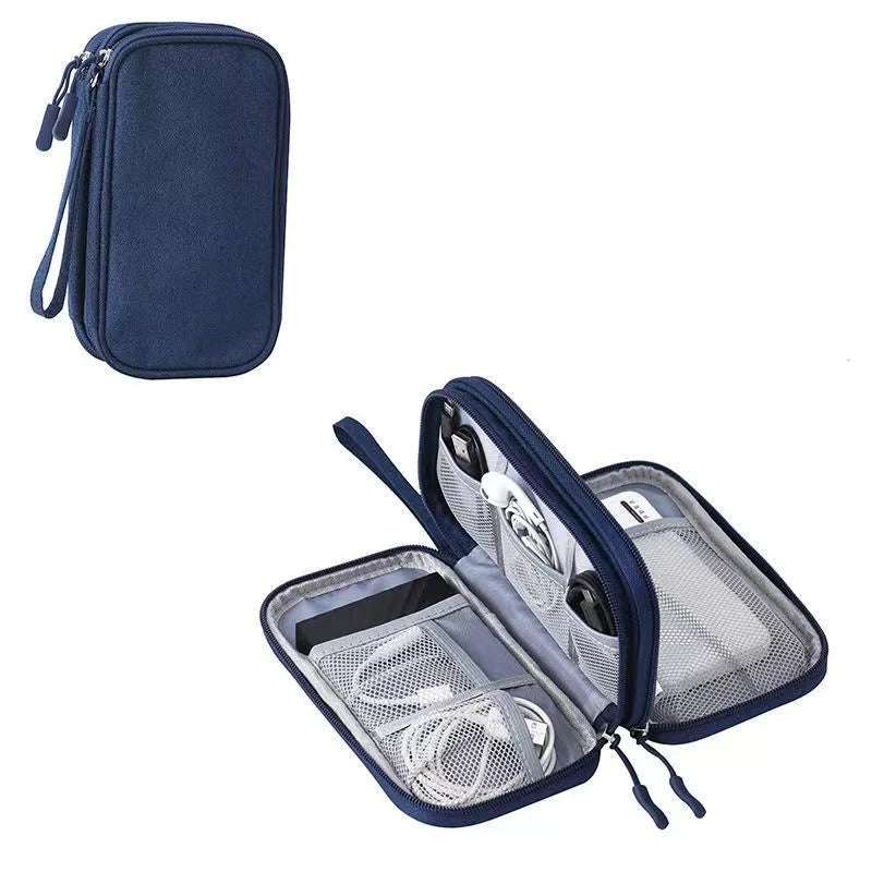 Compact waterproof data cable storage bag with double-layer portable design for travel organization